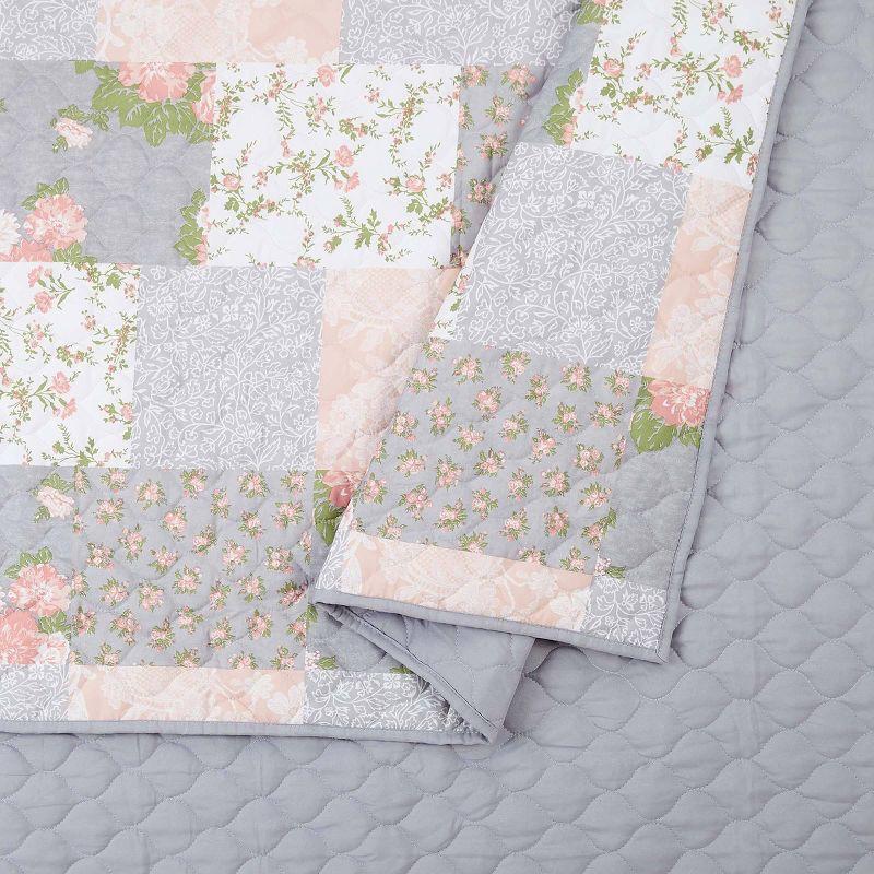 Gray Reversible Twin Microfiber Quilt Set with Floral Design