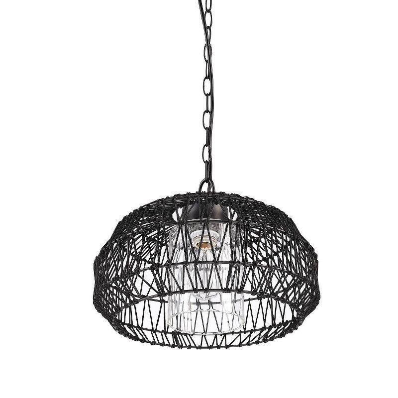 Novogratz x Globe Diego 1-Light Matte Black Woven Fabric Outdoor Plug-In Pendant Light: ETL Listed, Adjustable Height