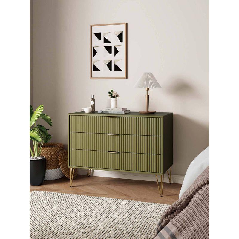 Olive Green 3-Drawer Chest with Gold Hairpin Legs