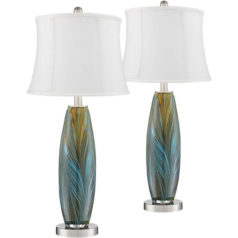 360 Lighting Azure Modern Table Lamps 26 3/4" High Set of 2 Blue Brown Art Glass White Softback Drum Shade for Bedroom Living Room Bedside Nightstand