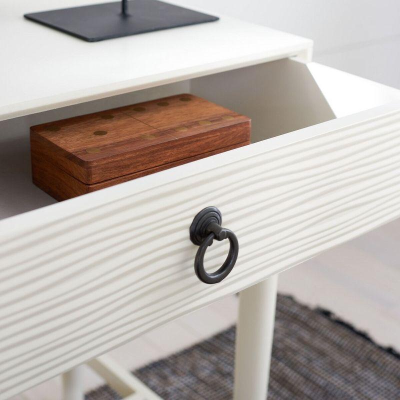 Elegant White Wood Accent Table with Carved Details and Storage Drawer