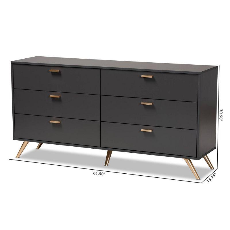 Kelson Wood 6 Drawer Dresser Dark Gray/Gold - Baxton Studio: Modern Storage Furniture for Bedroom