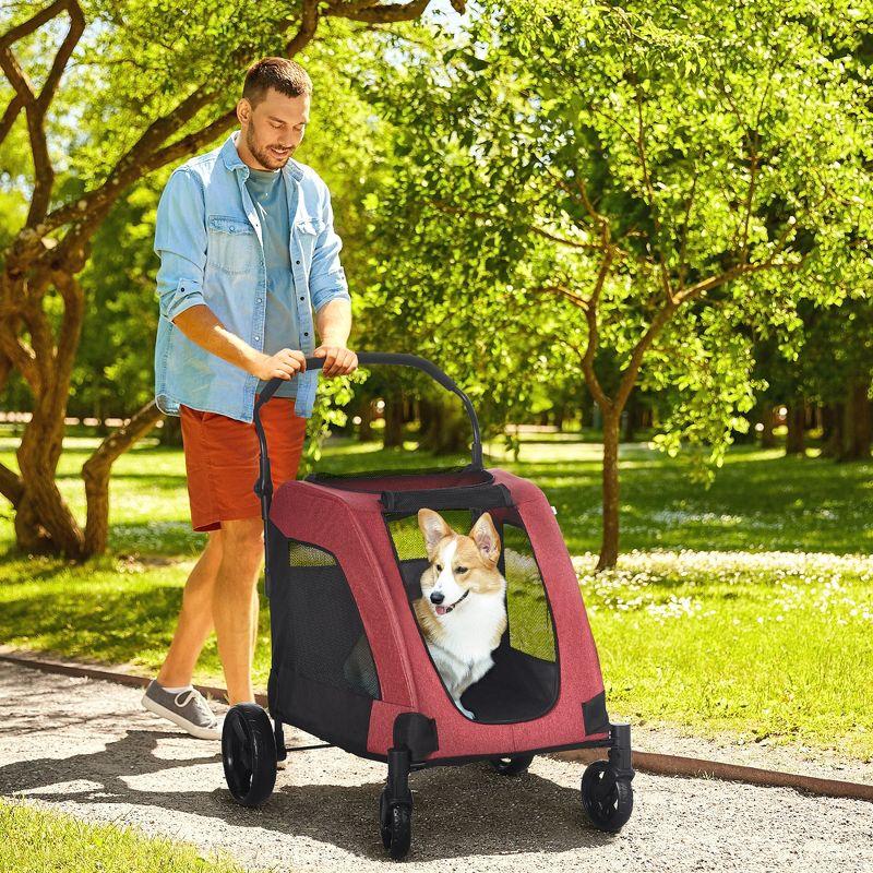 Red Foldable Pet Stroller with Storage Basket and Universal Wheels