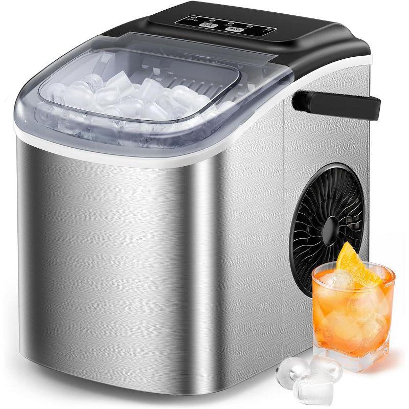 Silonn Stainless Steel Countertop Ice Maker - 9 Cubes in 6 Mins, 26lbs/24Hrs, Self-Cleaning, Includes Scoop & Basket, 2 Bullet Ice Sizes