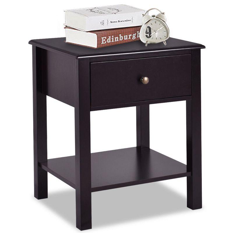 Tangkula End Table Nightstand w/Drawer & Shelf Bedroom Living Room Furniture Brown