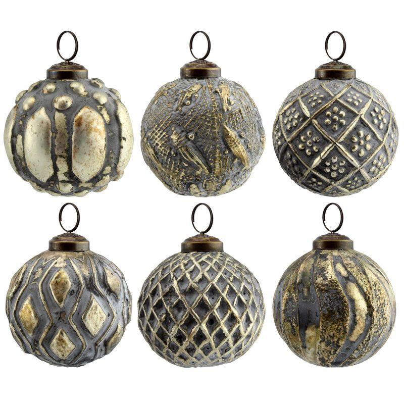 Distressed Silver and Gold Metal Glass Ball Ornaments, Set of 6