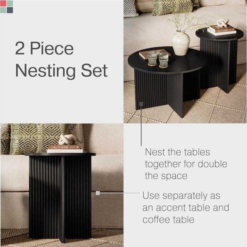 Stead Round Fluted Nesting Coffee Table - 2 Piece Modern Coffee Table Set - Solid Wood Base (Blackened Oak)