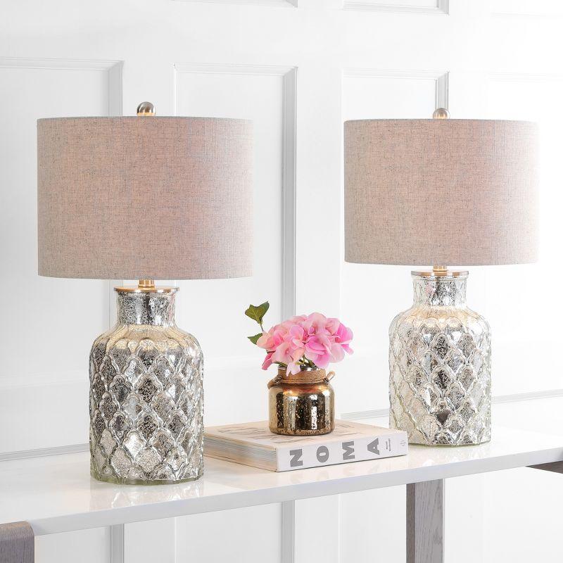 Antiqued Mercury Silver Quatrefoil Glass Table Lamp Set