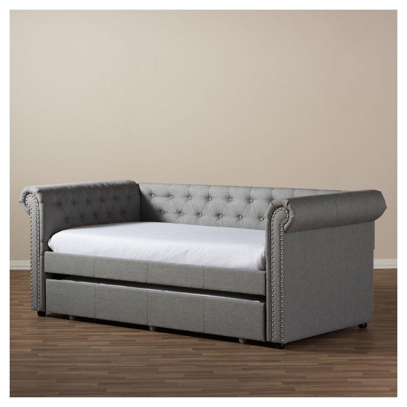 Gray Upholstered Twin Daybed with Trundle and Nailhead Trim