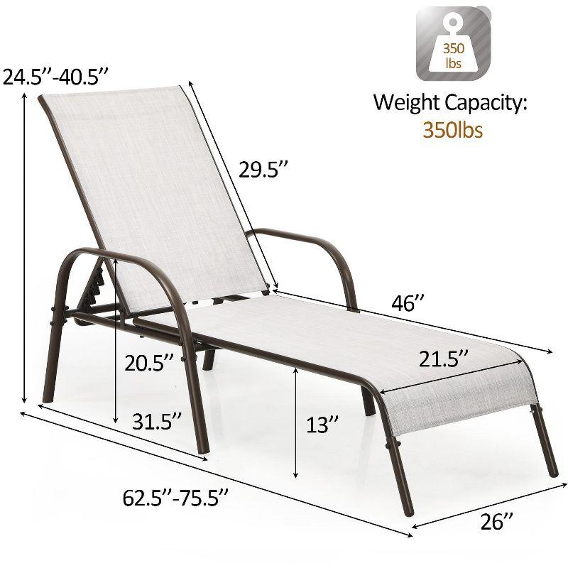 Gray Adjustable Outdoor Chaise Lounge Chair with Armrests