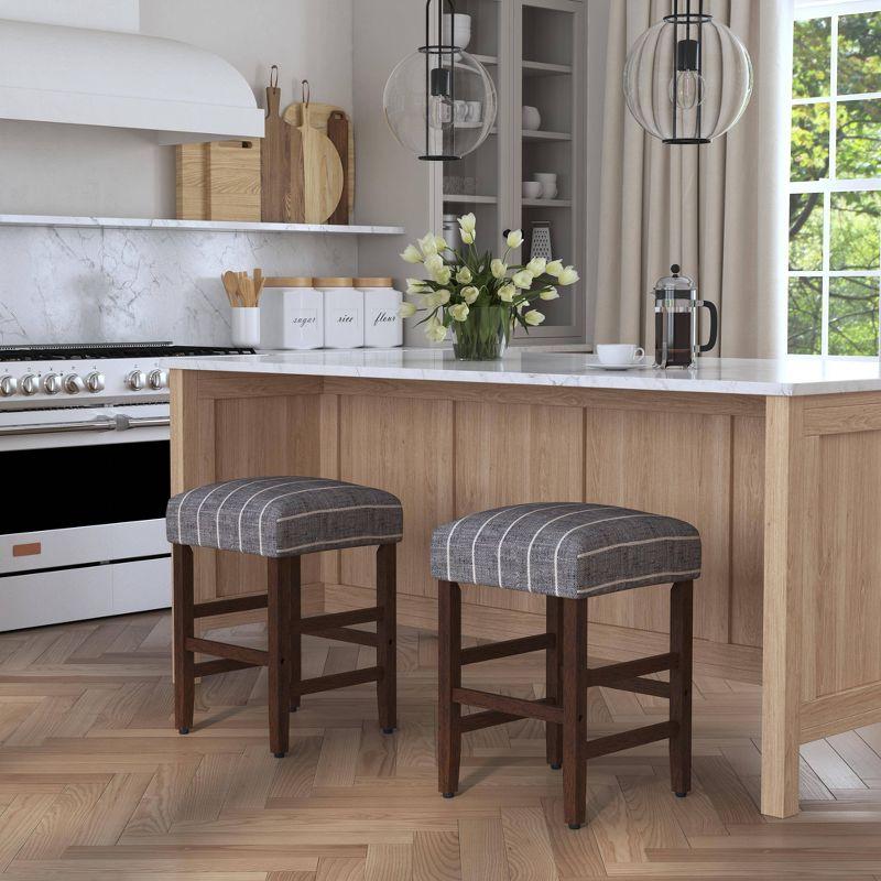 Midnight Gray Woven Stripe Backless Wood Counter Stool