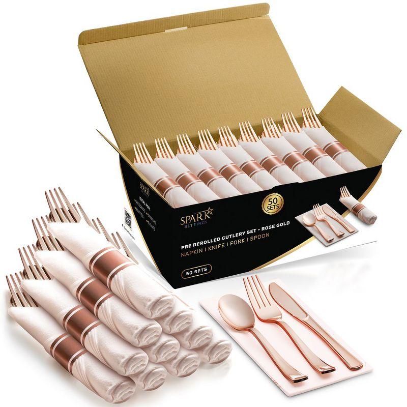 SparkSettings Rose Gold Plastic Silverware, 50 Pre Rolled Napkin and Cutlery Set