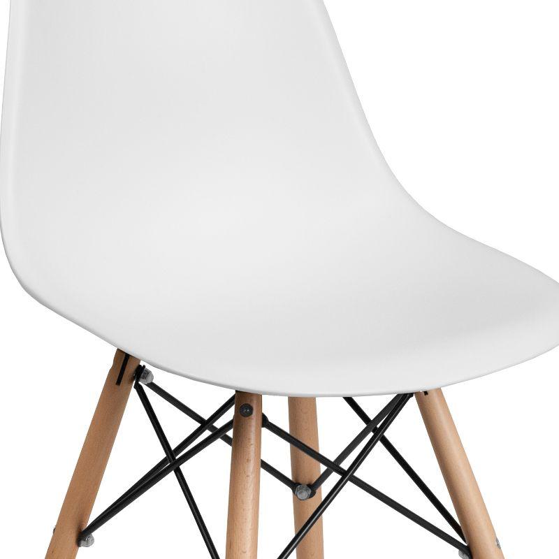 White Plastic Side Chair with Wooden Legs and Metal Bracing