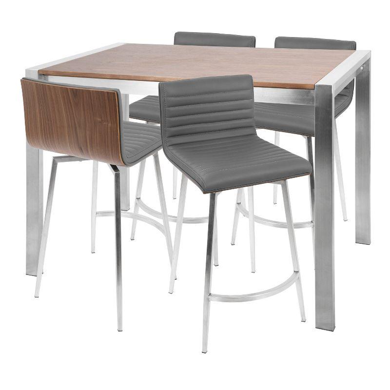 LumiSource 5pc Mason Counter Height Dining Set Stainless Steel Walnut/Gray PU Leather