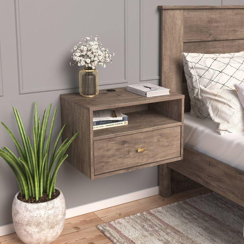 Floating 1 Drawer Nightstand with Open Shelf Drifted Gray - Prepac: Laminated, Cable Management, Metal Glides
