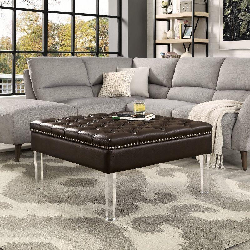 Inspired Home Coco PU Leather Oversized Button Tufted with Silver Nailhead Trim Clear Acrylic Leg Cocktail Ottoman, Espresso