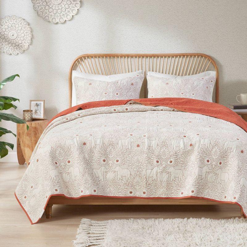 Coral Cotton Full Quilt Set with Reversible Elephant & Floral Design