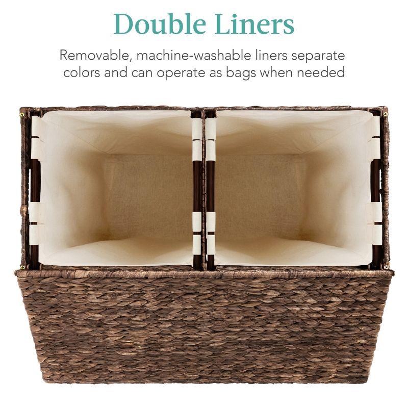 Best Choice Products Large Natural Water Hyacinth Double Laundry Hamper Basket w/ 2 Liner Bags, Handles - Espresso
