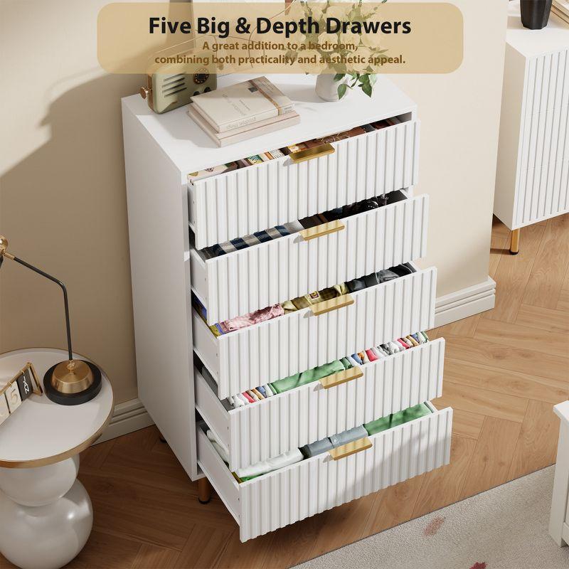 Garvee Fluted 5 Drawer Dresser for Bedroom, 48" Tall Modern Chest of Drawers, Wooden Dresser Organizer for Living Room, Hallway, Kids Room, White