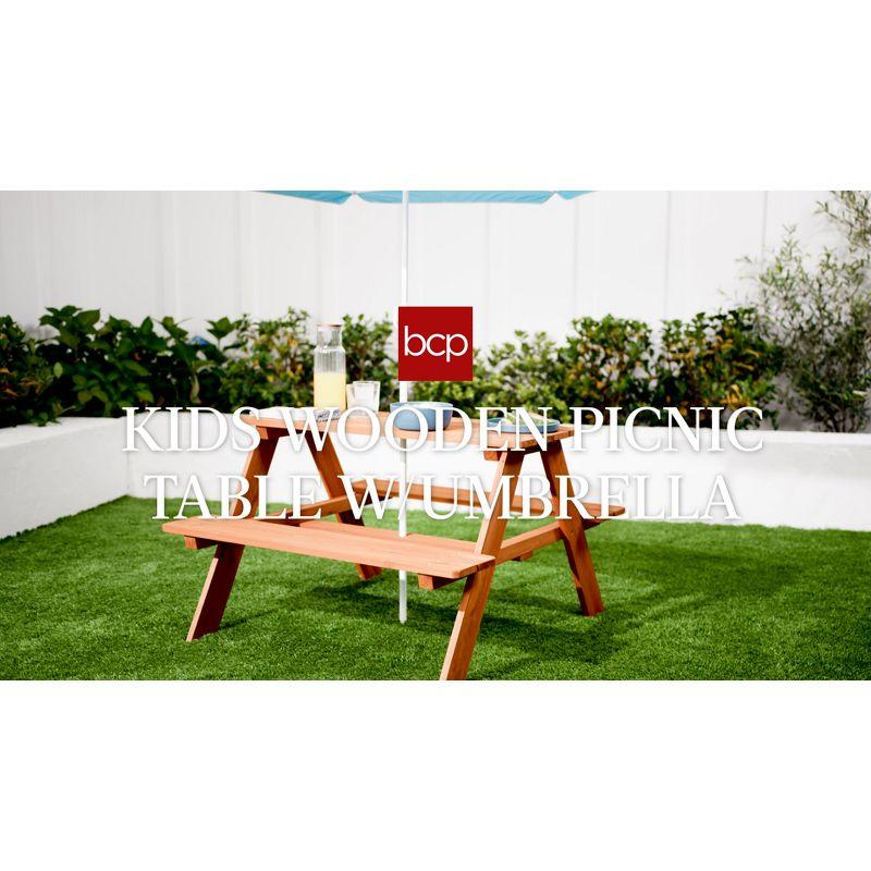 Best Choice Products Kids Wooden Picnic Table, Outdoor Activity Table w/ Adjustable Umbrella, Seats - Natural/Dark Pink