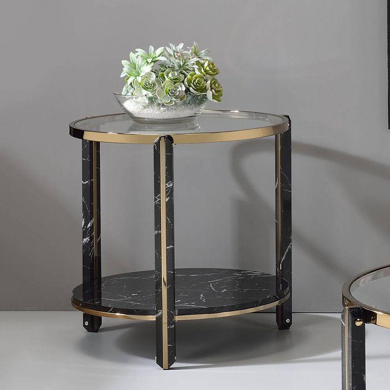 Round Glass and Faux Black Marble End Table with Champagne Trim