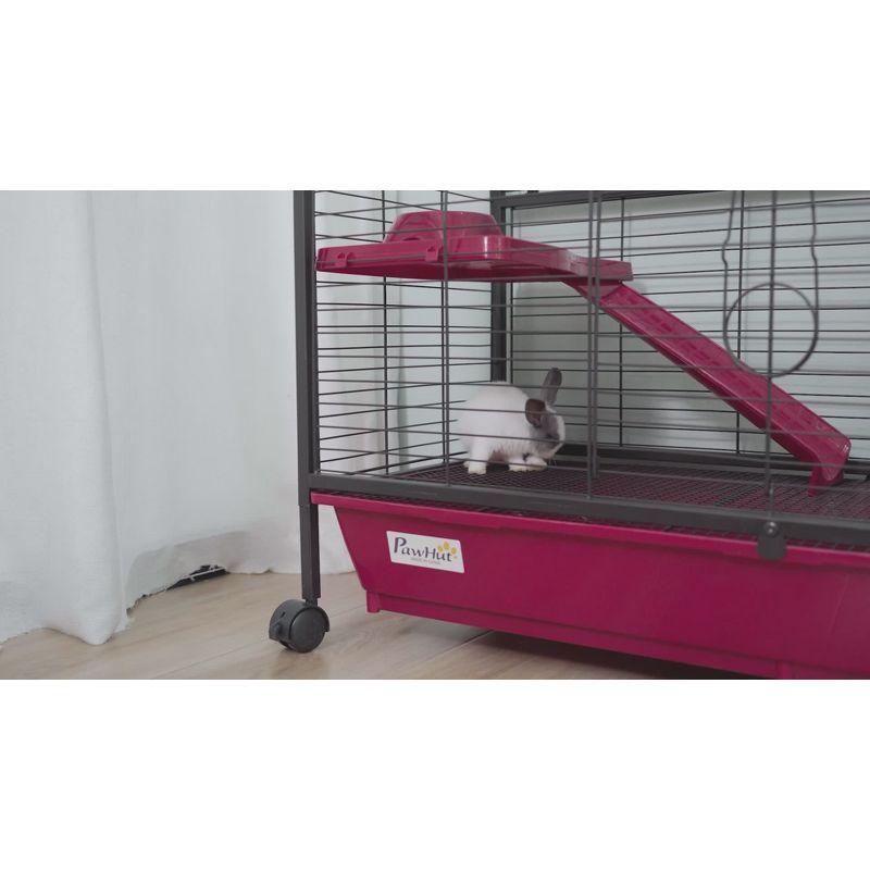 PawHut 41"L Small Animal Cage Rabbit Hutch Ferret Pet Play House with Feeder, Rolling Wheels, Platform, Ramp