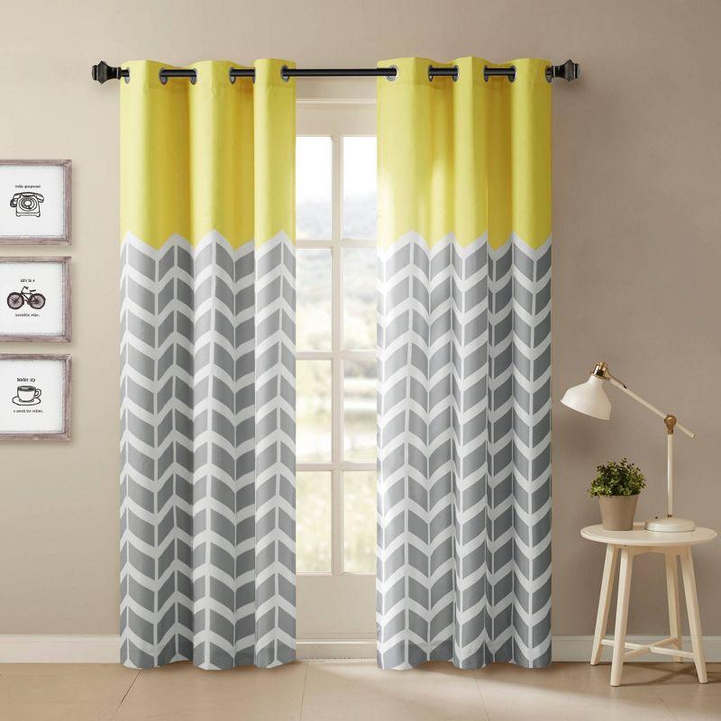 Yellow and Gray Chevron Room Darkening Grommet Curtains, 42x84, 2-Panel Set