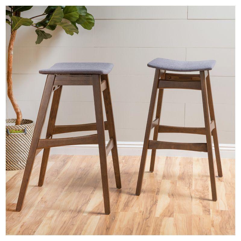 Emmaline Mid-Century Gray Fabric Saddle Barstool, Set of 2