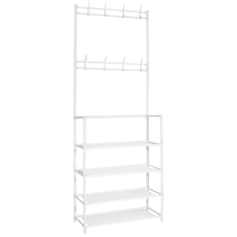 White Metal 4-Tier Clothing Rack with Hooks and Shelves