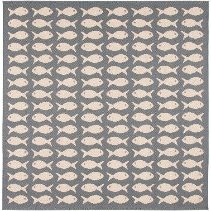 Gray and Beige Square Fish Pattern Indoor/Outdoor Rug