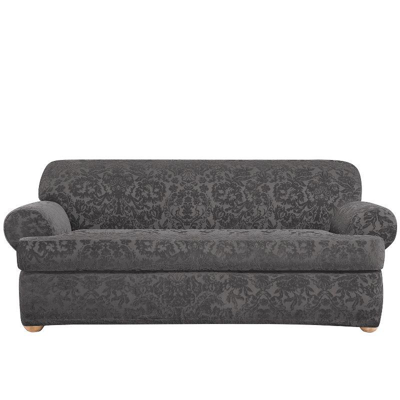 Gray Stretch Jacquard Damask T-Cushion Sofa Slipcover