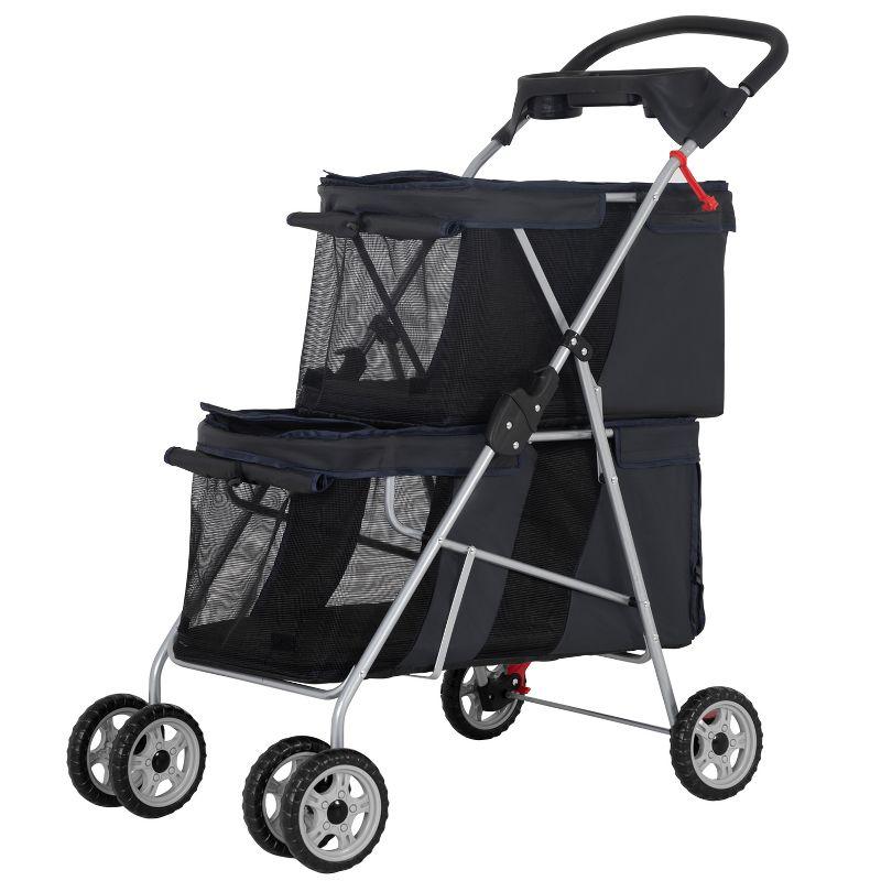 Black Double Decker Folding Pet Stroller with Mesh Windows