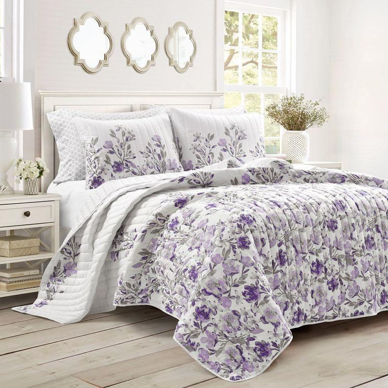 Gray and Purple Floral Reversible Microfiber Full Quilt Set