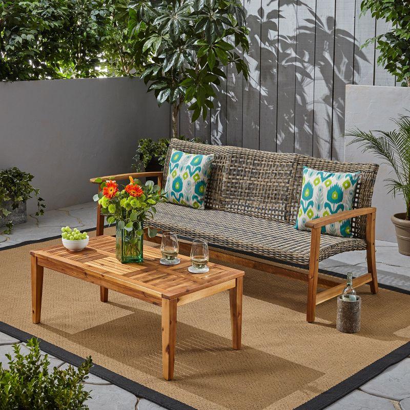 Christopher Knight Home Sewell Outdoor Acacia Wood and Wicker 3 Seater Sofa and Coffee Table Set, Gray/Natural Brown