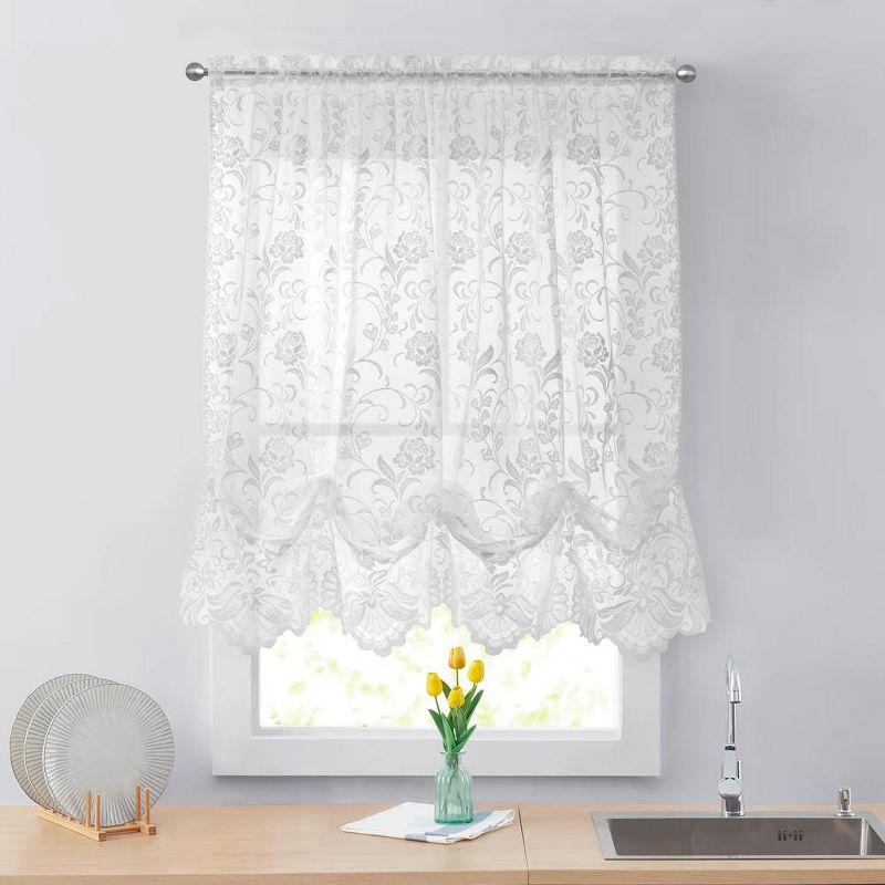 Habitat Limoges Sheer Rod Pocket Timeless Romantic Floral Lace Design Balloon Curtain 55" x 63" White