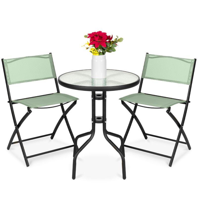 George Oliver 3-Piece Patio Bistro Dining Furniture Set W/ Glass Tabletop, Folding Chairs