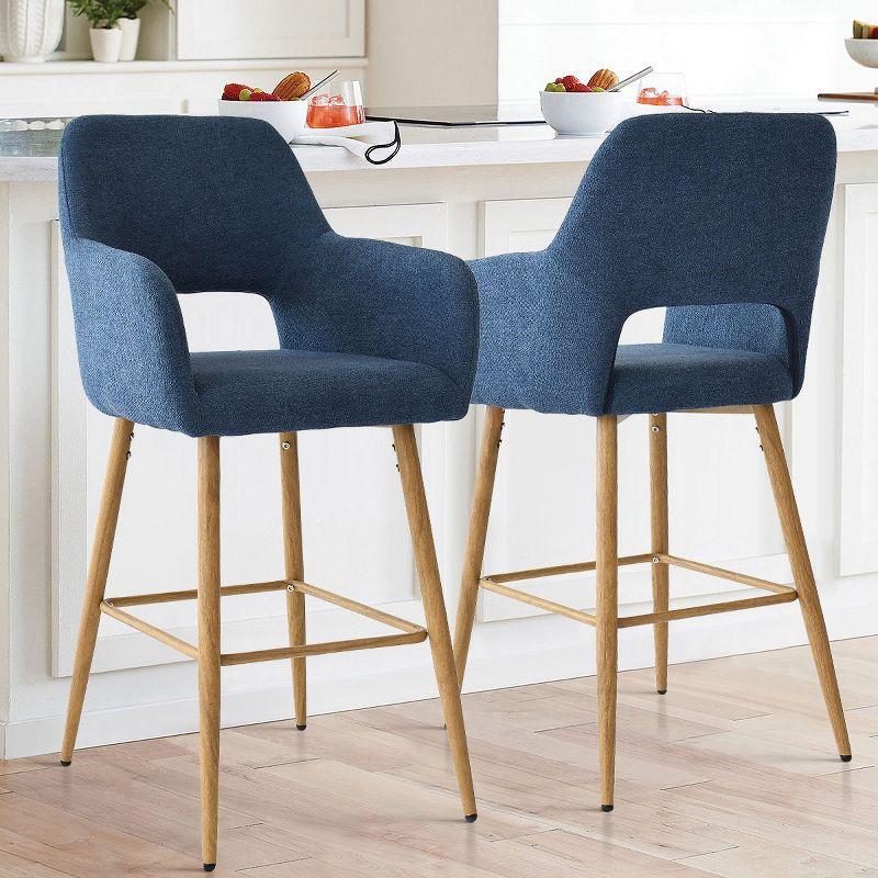 Blue Upholstered Counter Height Bar Stools with Oak Legs, Set of 2