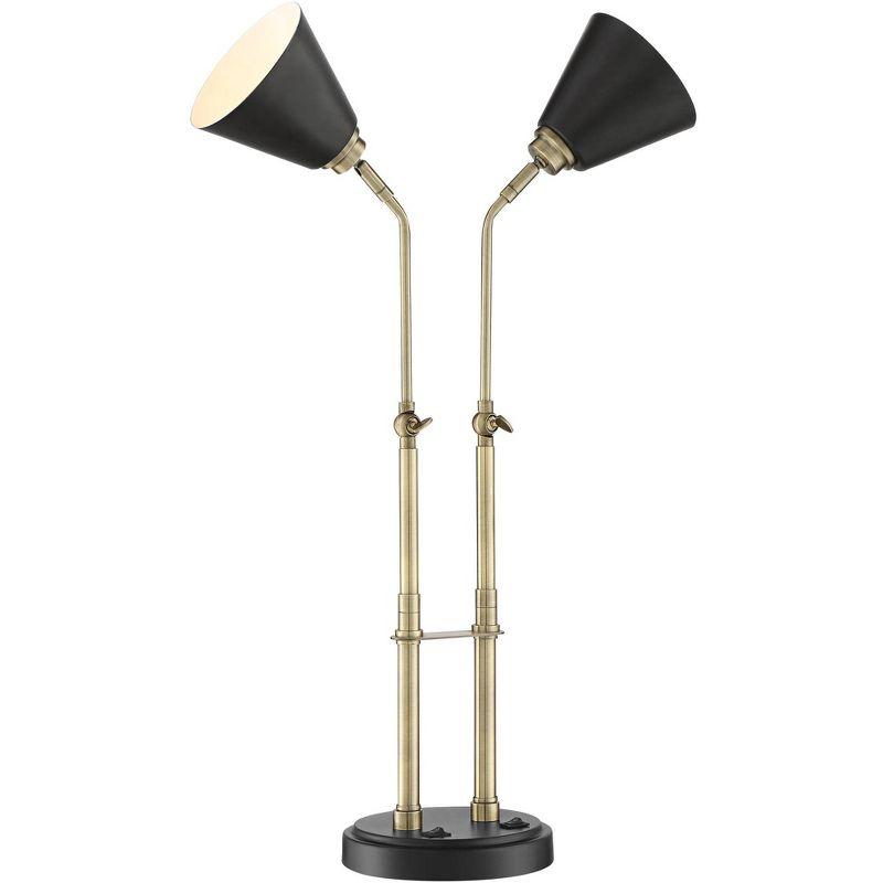 Possini Euro Design Sentry Modern Mid Century Desk Lamp 23" High Black Brass with USB Charging Port LED Adjustable Cone Shade for Bedroom Living Room