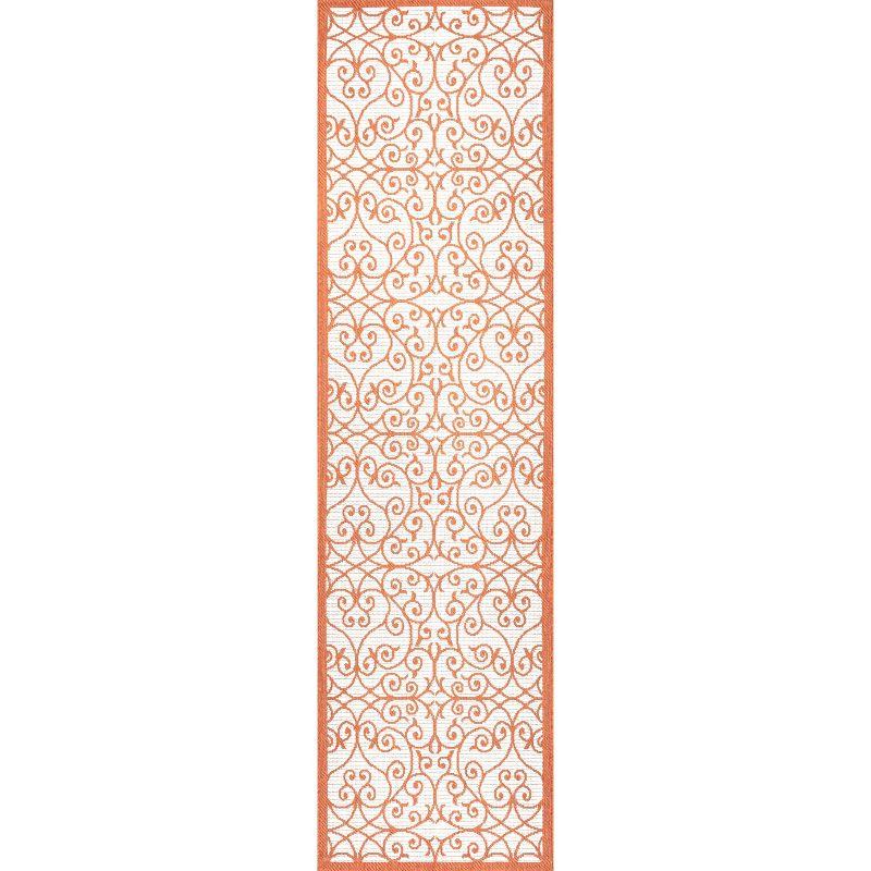 2' x 10' Madrid Vintage Filigree Textured Weave Indoor/Outdoor Runner Rug, Cream/Orange - JONATHAN Y