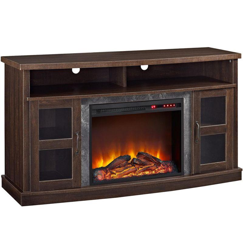 Espresso Curved Fireplace Console with Glass Doors and Faux Stone