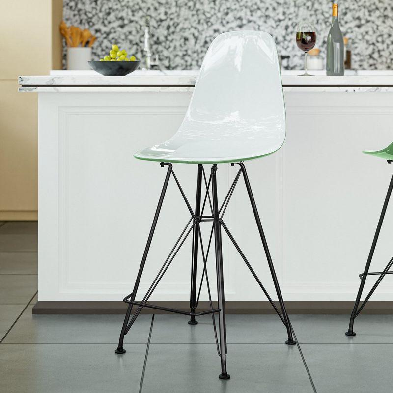 LeisureMod Cresco Mid Century Modern Acrylic Counter Height Barstool with Black Steel Base – Ideal for Kitchens and Dining Rooms, White/Green