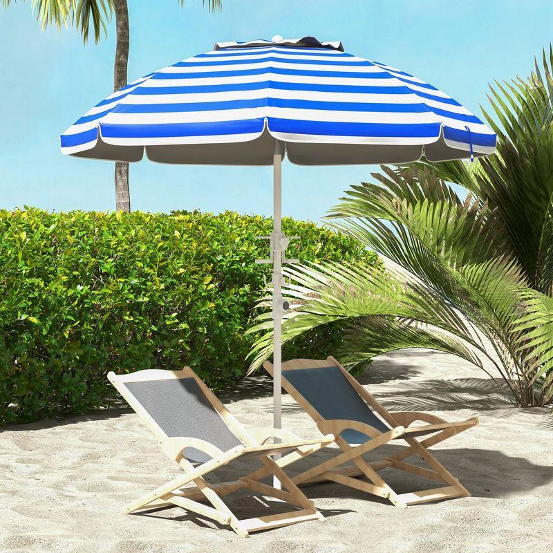 Outsunny 5.7' Beach Umbrella with Cup Holders, Hooks, Vented Canopy, Portable Outdoor Umbrella, Blue Stripe