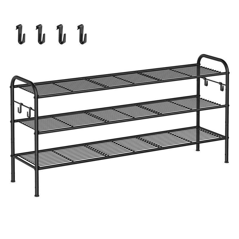 Ink Black 3-Tier Metal Shoe Rack with Side Hooks