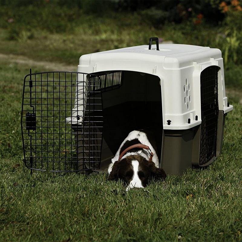 Miller Manufacturing Company Portable Plastic Hard Sided Pet Travel Crate Carrier Kennel w/ Double Doors For Dogs, Rabbits, & Animals, Beige & Taupe