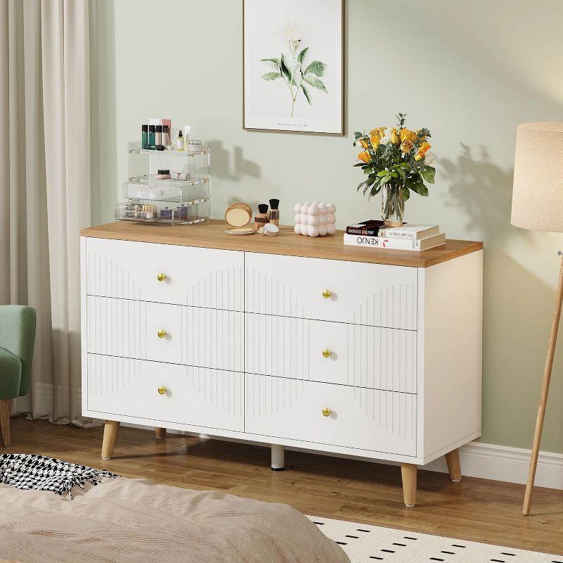 White and Light Brown 47" 6-Drawer Double Dresser with Gold Handles