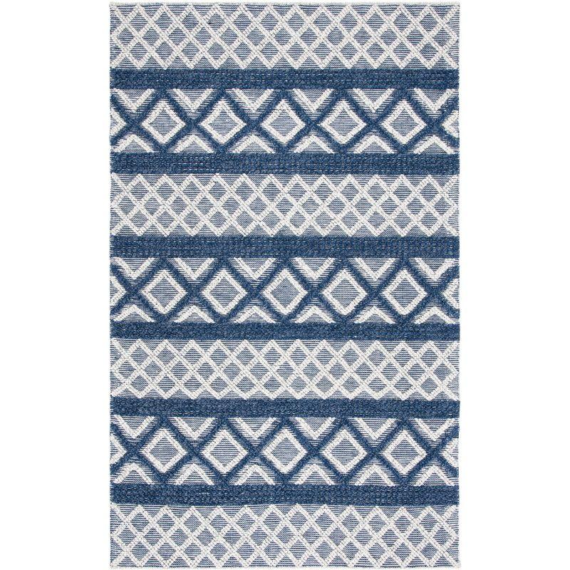 Ivory and Blue Handwoven Wool 6' x 9' Area Rug