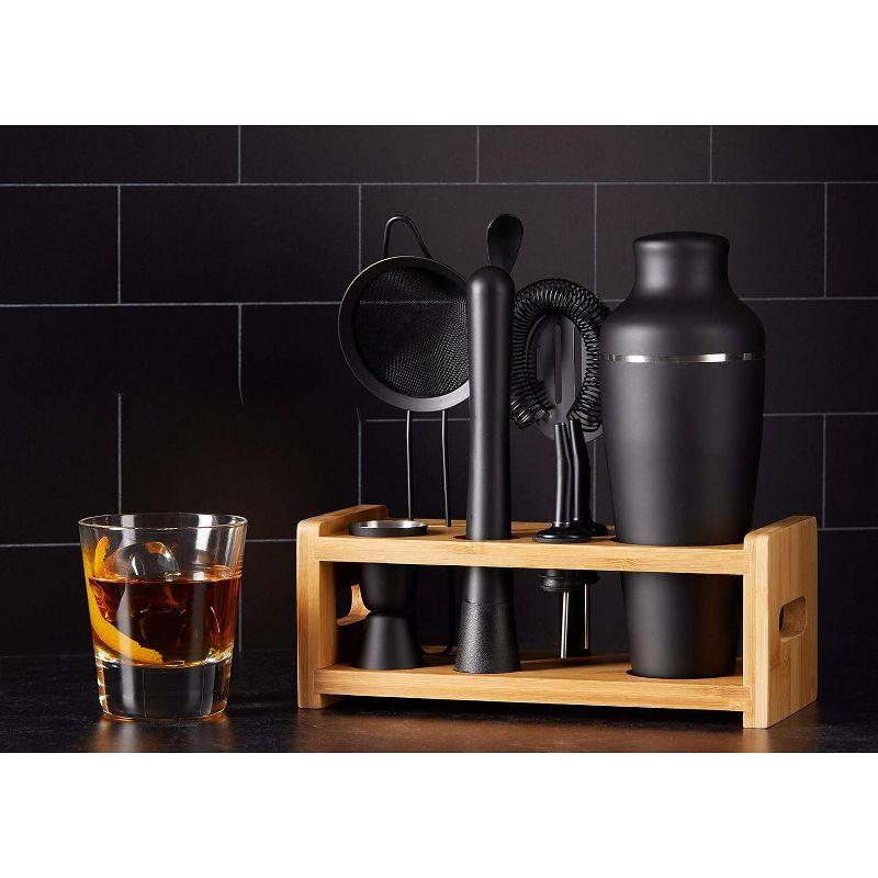 Matte Black 8-Piece Stainless Steel Cocktail Shaker Set with Bamboo Stand