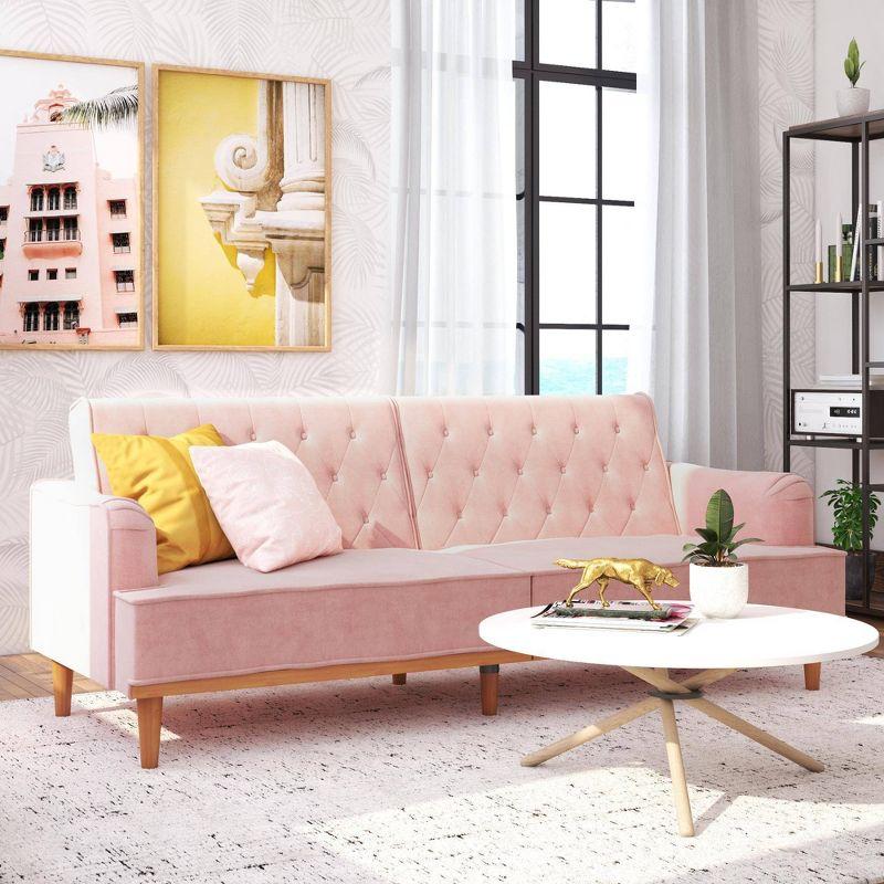 Stella Vintage Pink Velvet Convertible Sofa Bed with Wood Trim