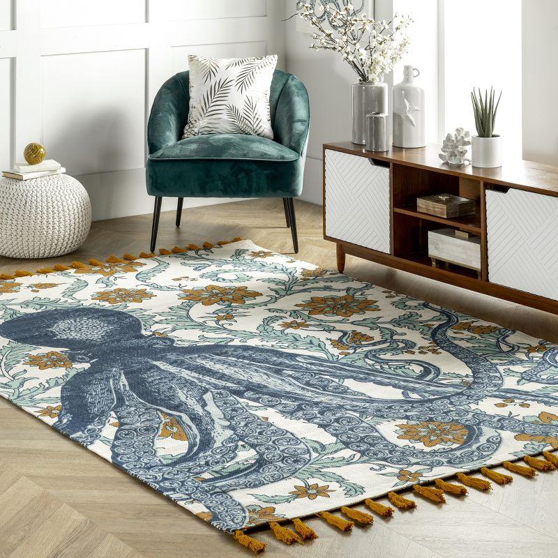 Handmade Coastal Octopus Cotton Area Rug, 6' x 9', Multicolor