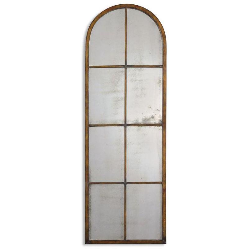 Maple Brown Arched Windowpane Wall Mirror with Antique Glass